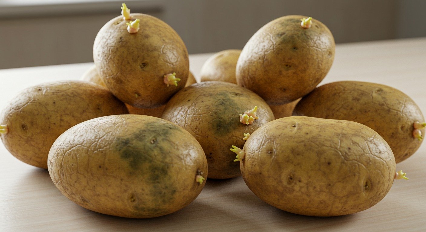 Batatas esverdeadas com brotos sobre fundo neutro