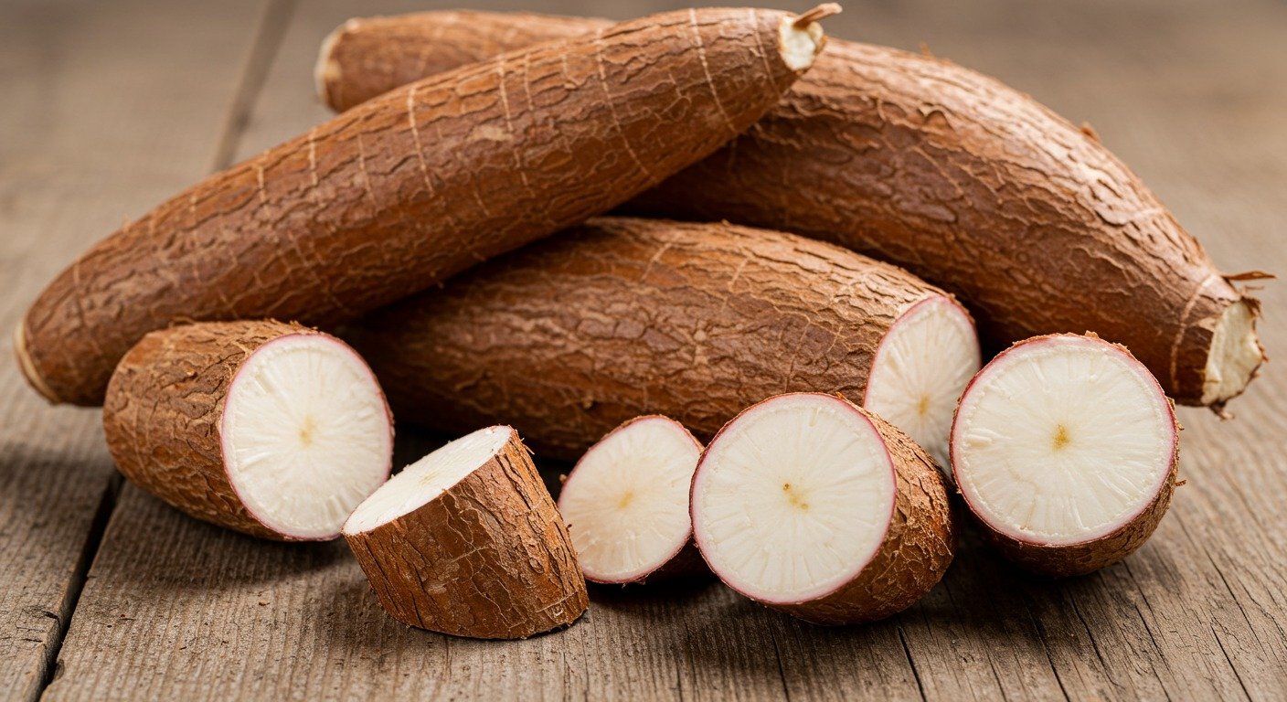 Mandiocas brancas e cruas ainda com casca sobre mesa de madeira