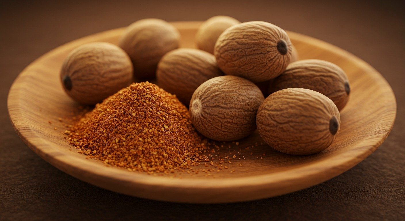 Sementes de noz-moscada ao lado de noz ralada