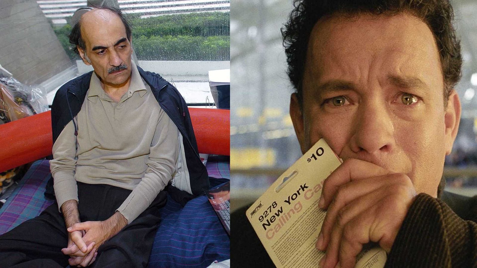Tom Hanks como Viktor Navorski no aeroporto e Mehran Karimi Nasseri em Charles de Gaulle