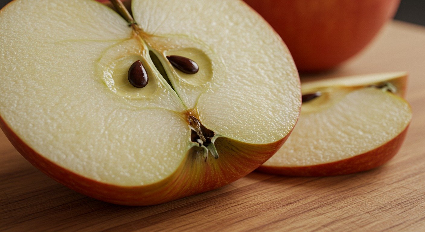 Sementes de maçã com casca cortada mostrando interior