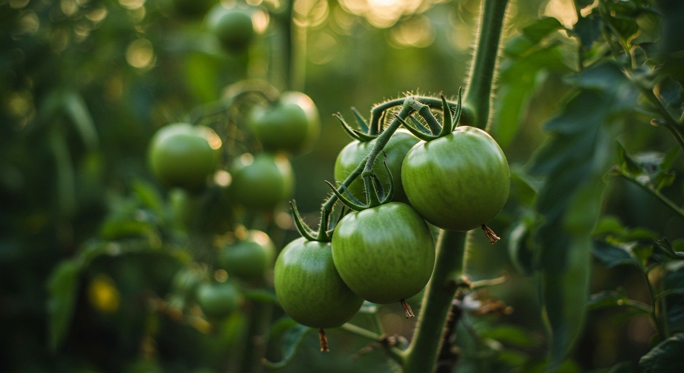 Tomates verdes ainda no pé com fundo desfocado